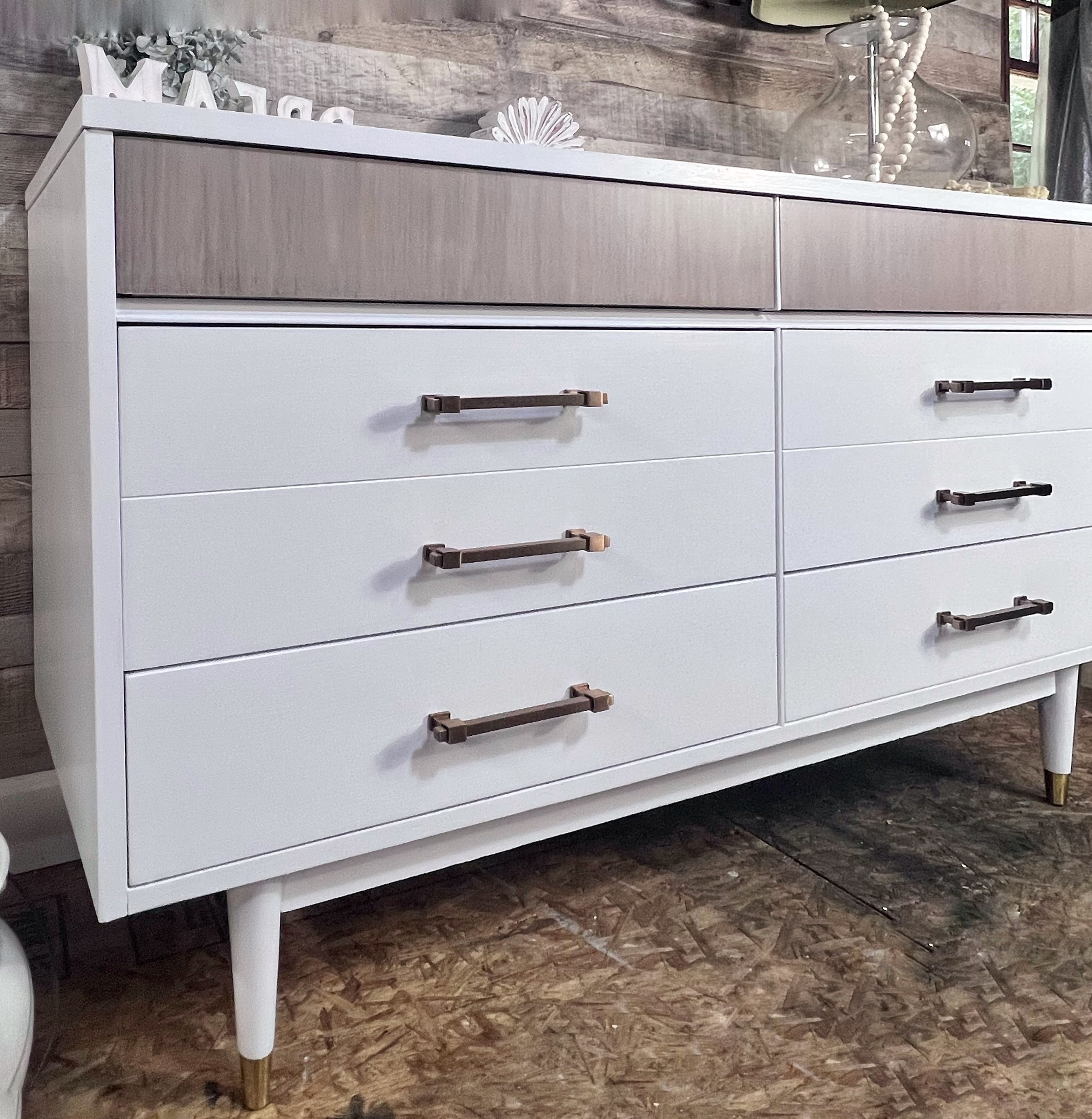 White MCM dresser with raw wood top drawers