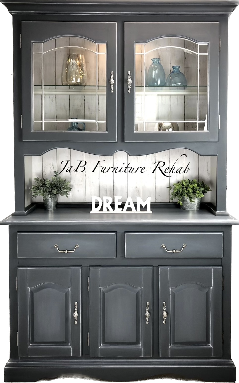 China Hutch Makeover in Wise Owl Graphic Slate and Wise Owl White Glaze